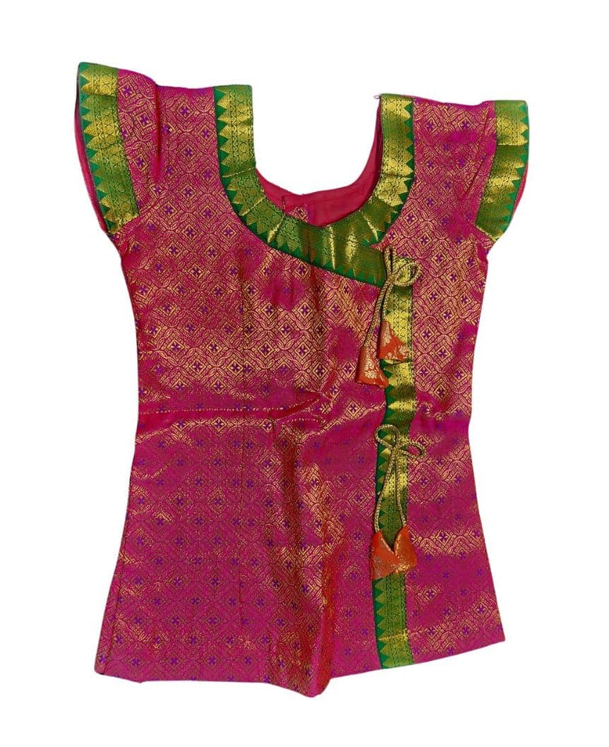 Krishnar Top close up of brocade pattern, gold zari buttis, Bharatanatyam dress for girls, art silk.