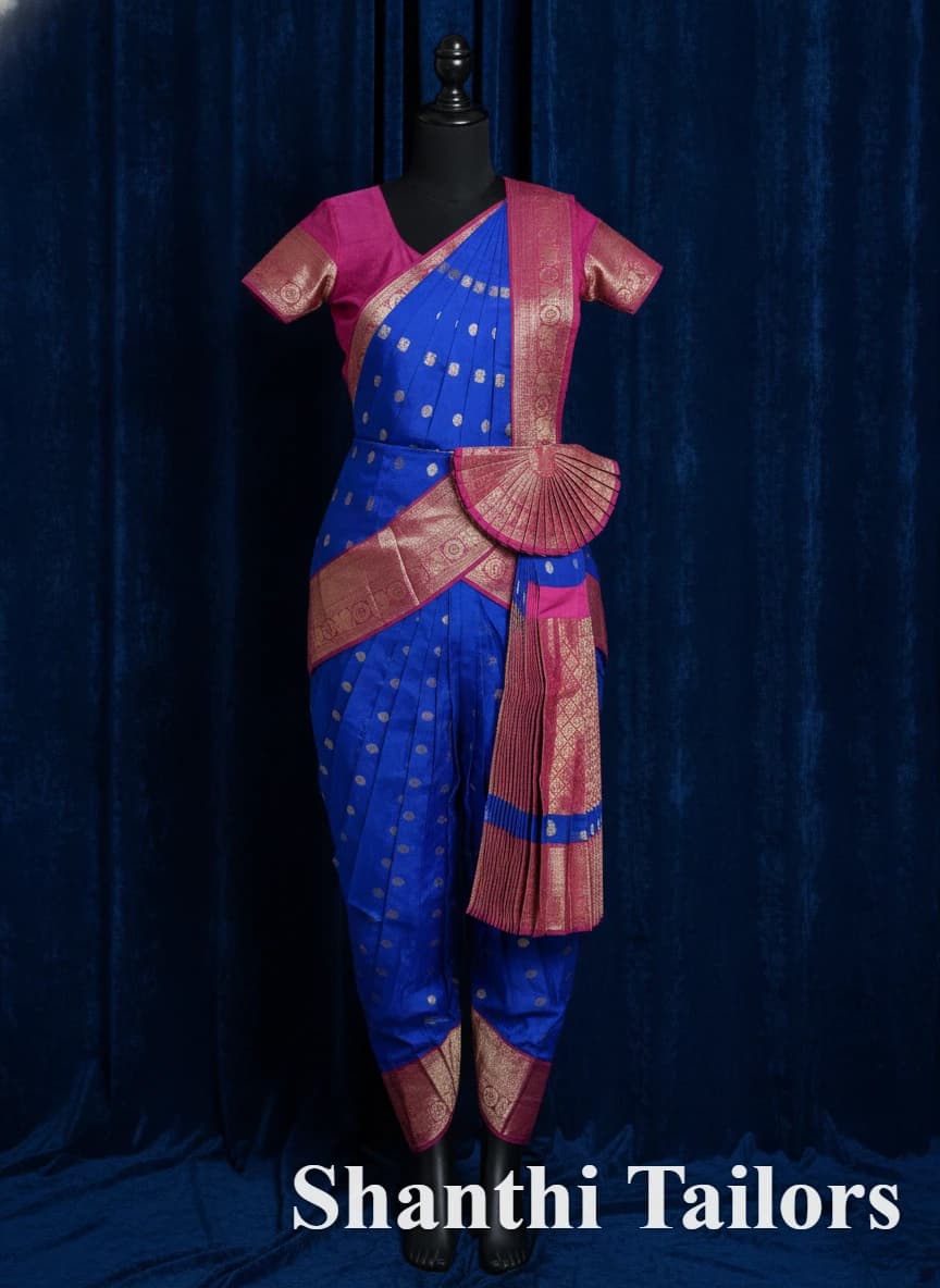 Blue w Pink Readymade Bharathanatyam Costume AKS displayed on mannequin. Features gold zari borders & pleats.