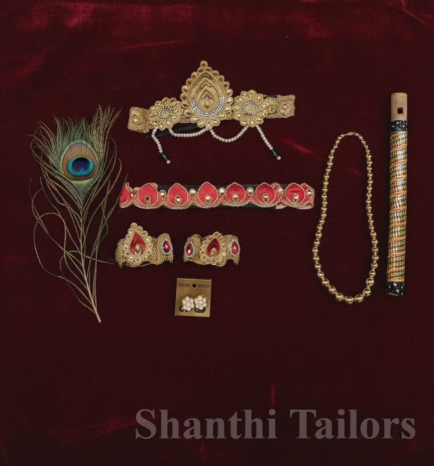Ornate Krishnar Jewellery Sets: HeadCrown, Hip Belt, Bracelets, Chain, Flute, Peacock Feather, Earrings.