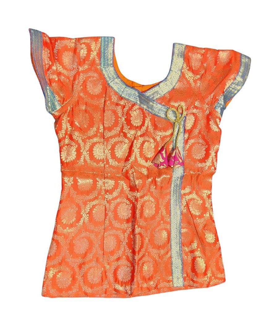 Bharatanatyam dance costume, fuchsia Krishnar Top, gold brocade, side view with tie-ups, art silk.