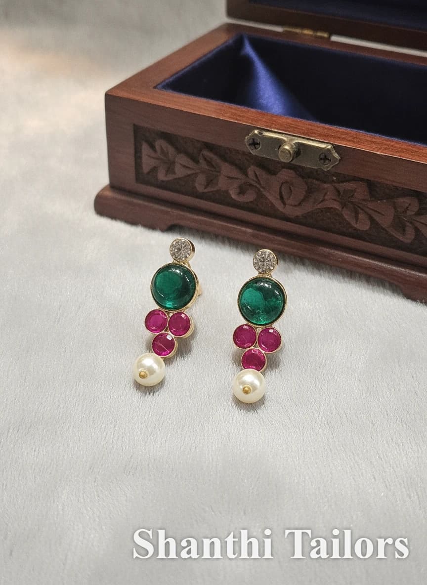 Original Temple Ruby Pearl Earrings TJST44, featuring emerald-like green, ruby red stones & pearls. Base Silver with Goldleaf.