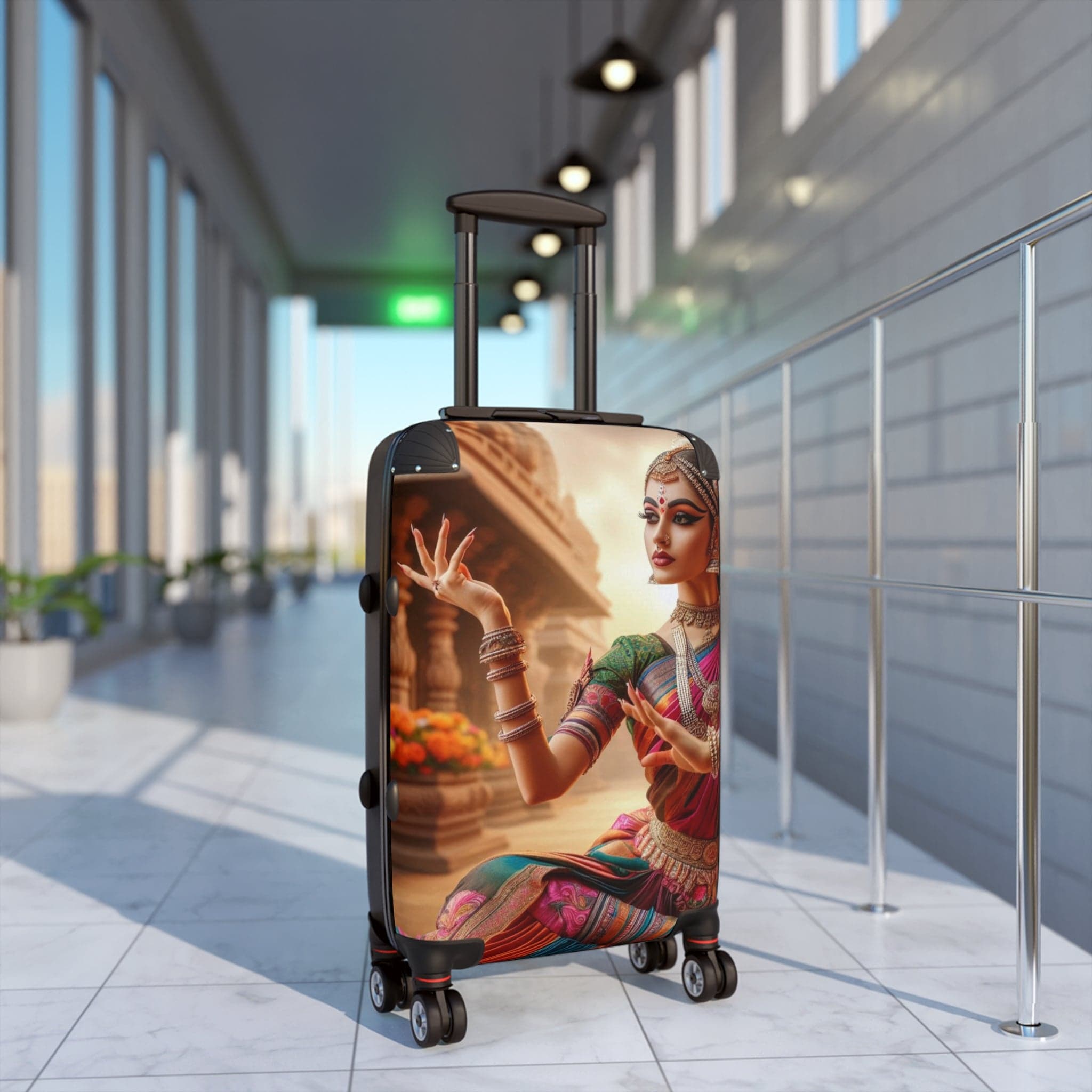 Dancers Suitcase: Bharatnatyam design. Open suitcase interior with pockets and lining.