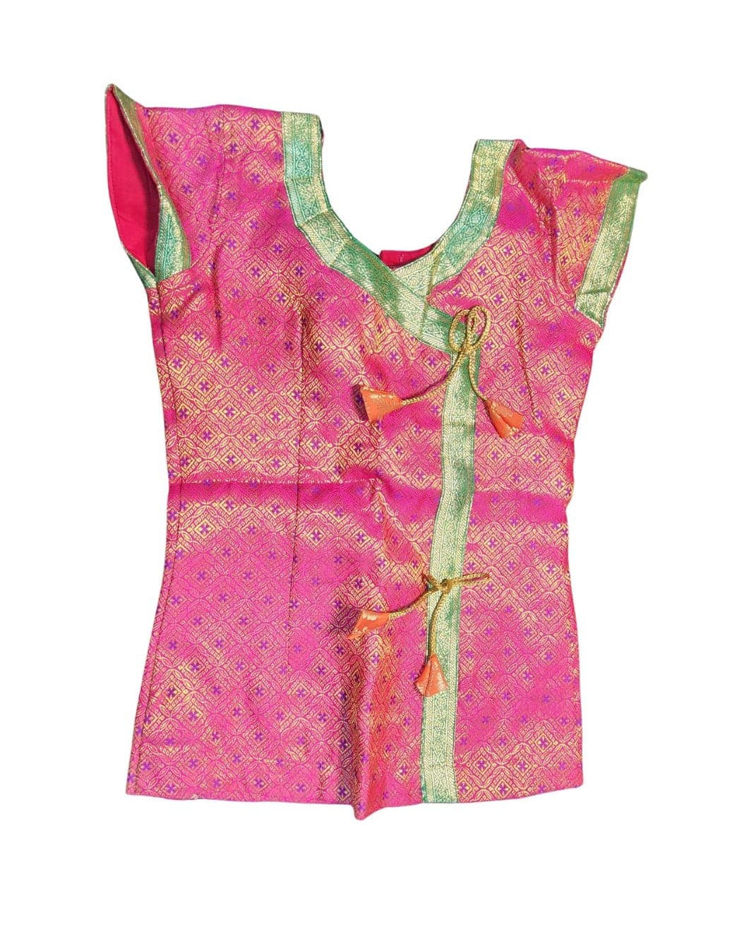 Krishnar Top side view, angrakha style, tie-up detail, for Bharatanatyam dance, art silk brocade.