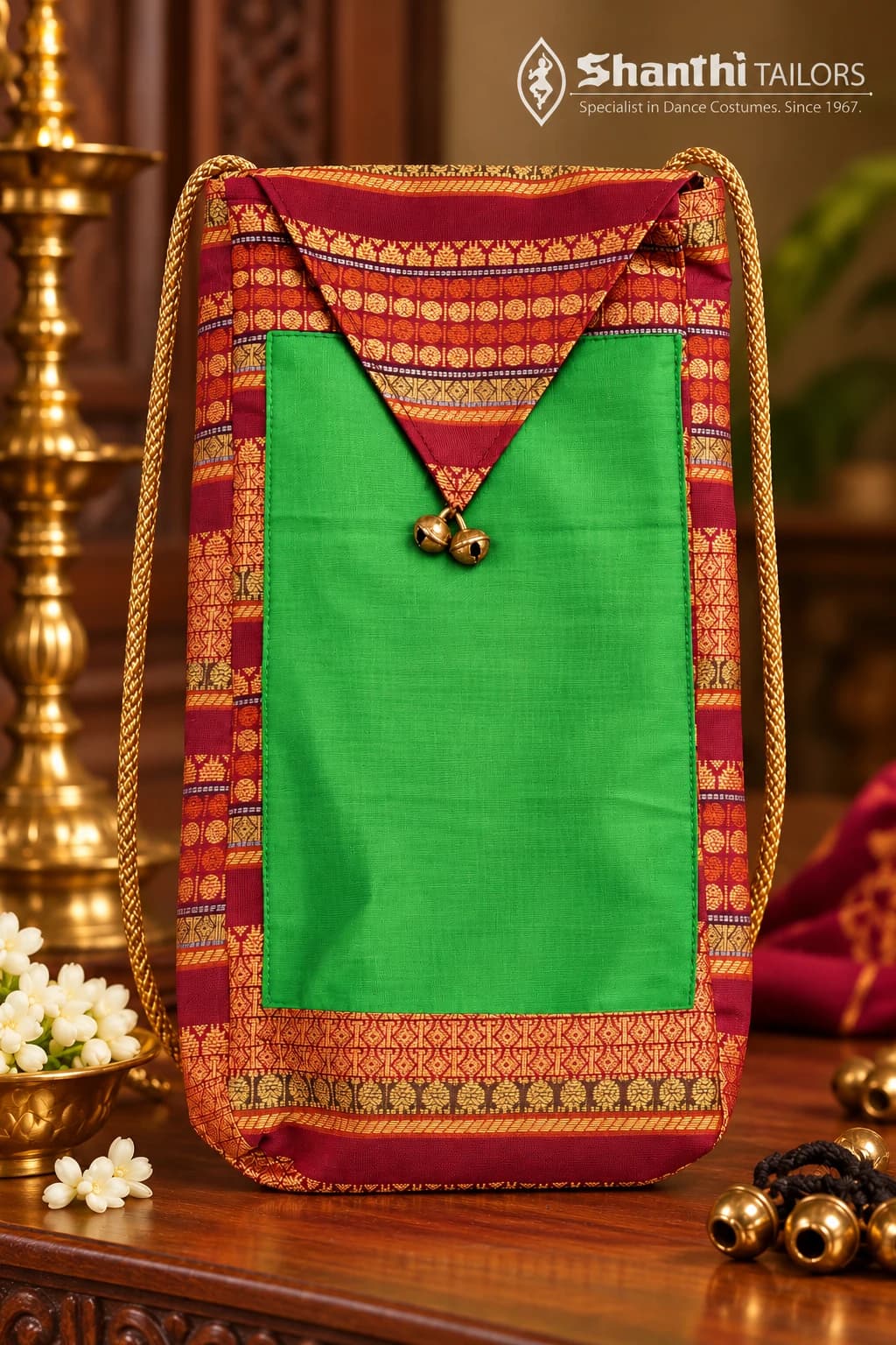 Salangai & Manai Bag (கலைப்பேழை) for dance tradition, maroon & gold ethnic fabric with green panel.