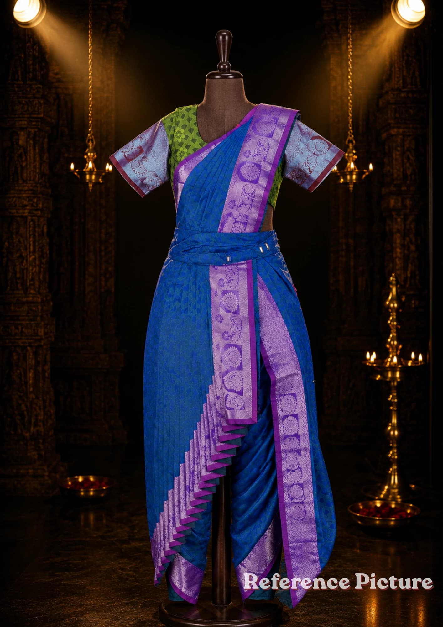 Dhoti Style Readymade Bharathanatyam Costume in blue & purple on mannequin.