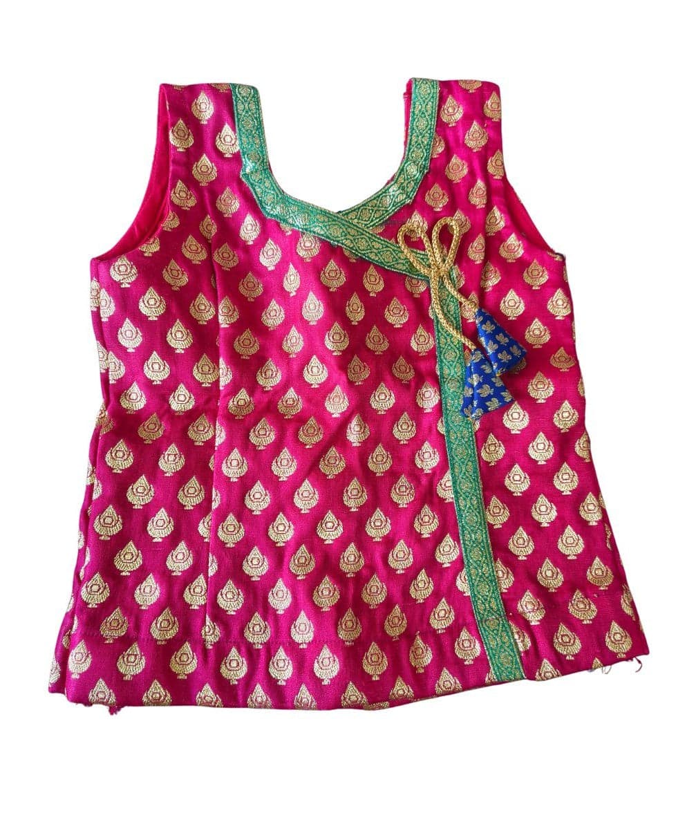 Festive Baby Angrakha Top, Pistachio Green Art Silk Brocade, Zari Woven, Krishnar Theme, 1 Year