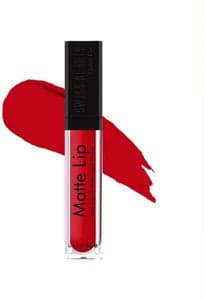 Swiss Beauty Matte Liquid Lipstick: Shade 24 Pure Red. Ultra smooth, long-lasting formula. Close-up on colour.