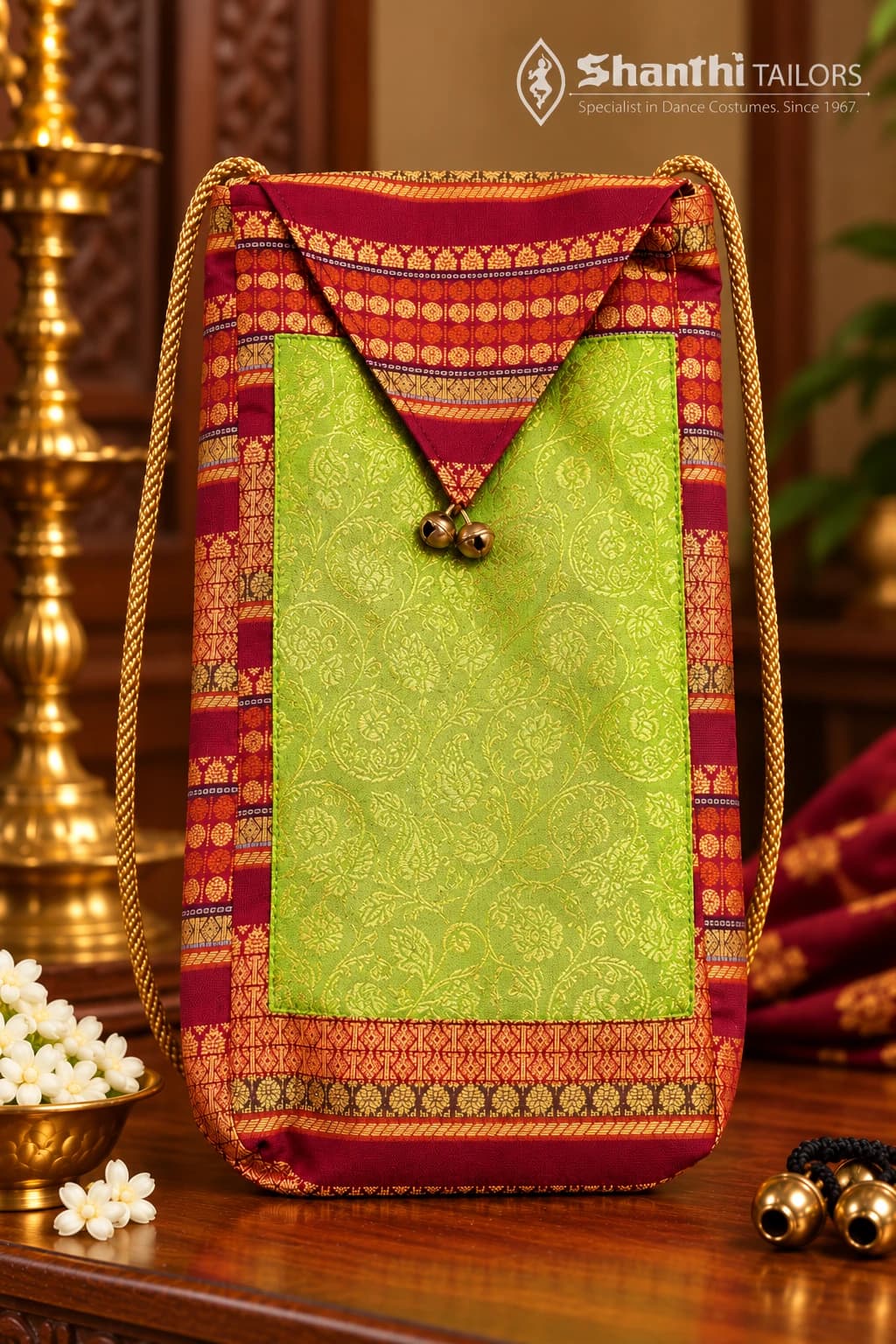 Salangai & Manai Bag (கலைப்பேழை): Green & red brocade, golden bells. Carry your dance tradition with grace.
