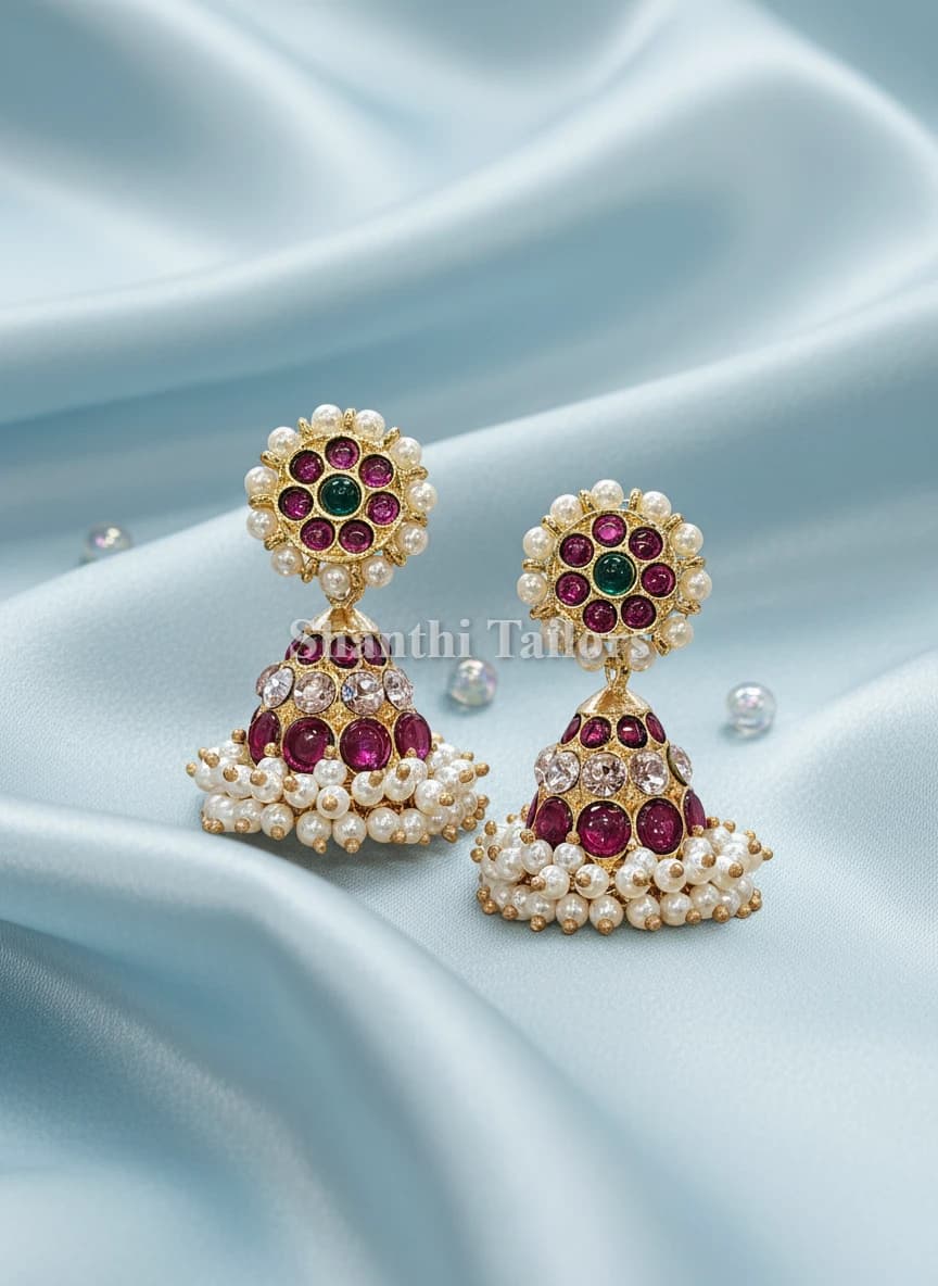 Margam Jummiki copper jewellery with 3 lines of pearls, ruby & white stones.