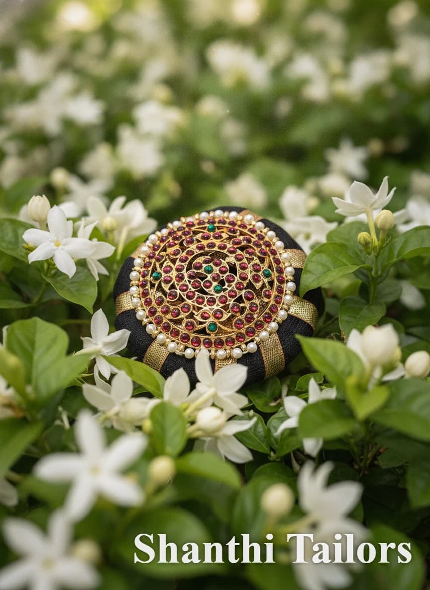 Bun with Rockodi w/o clip for dance, intricate gold design with red stones, green accents, & pearls, amidst jasmine.