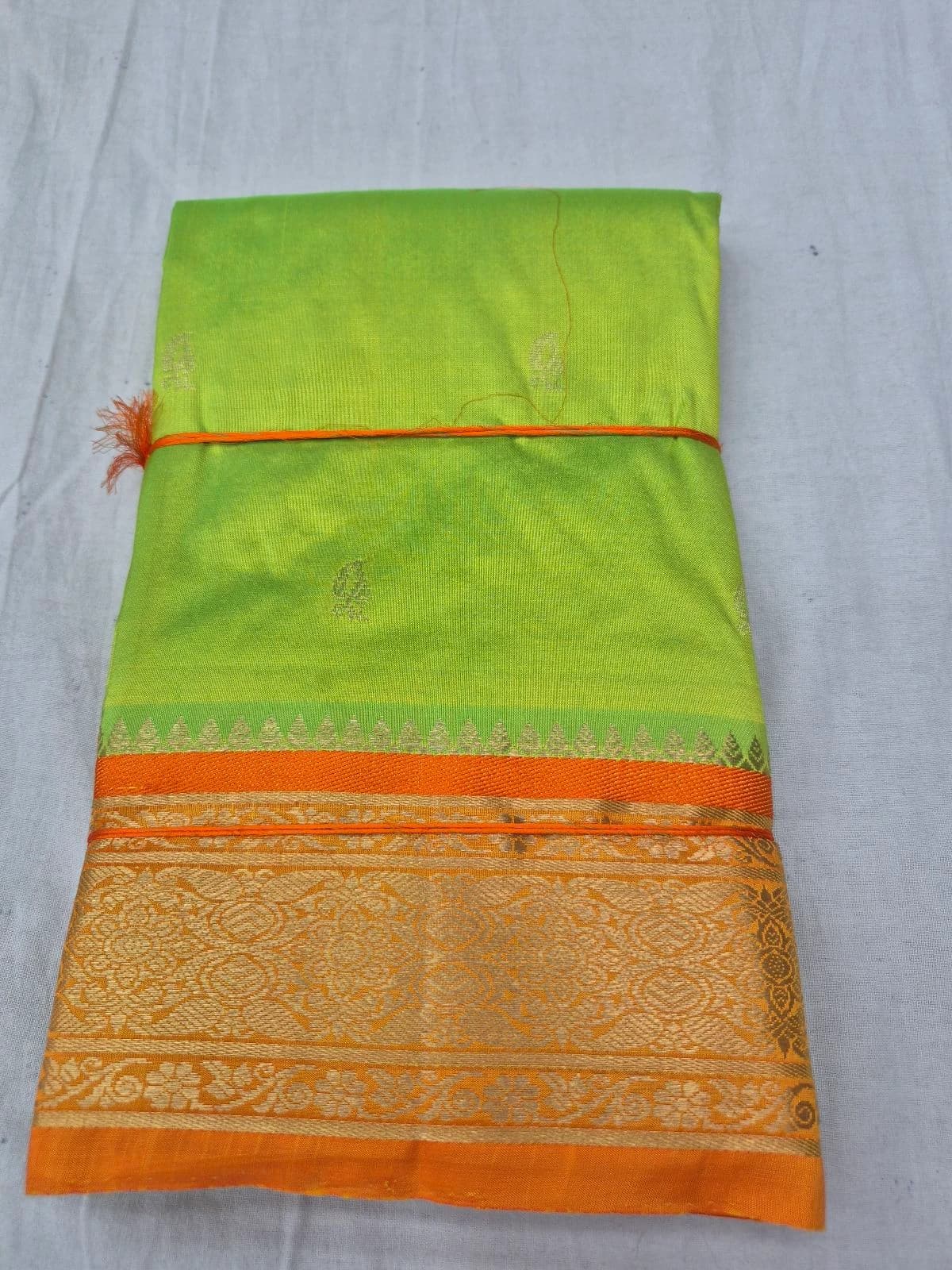 Lime Green Dharmavaram Silk Saree with Orange Border