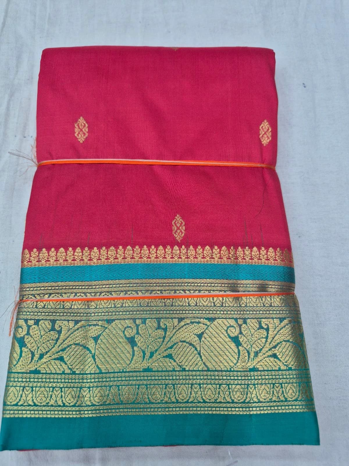 Red Dharmavaram Silk Saree with Teal Border