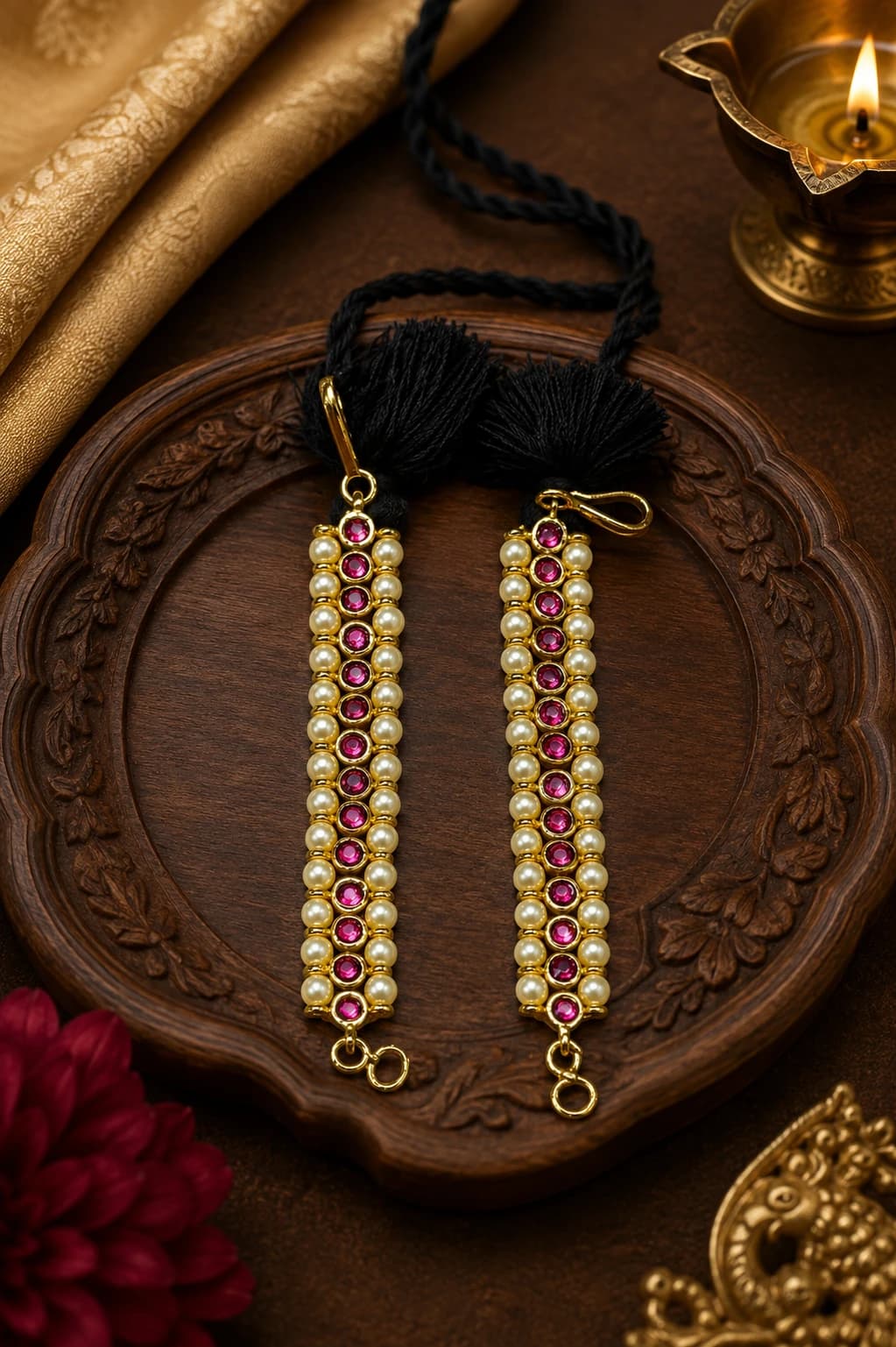 Thin Mattal Copper Jewellery: A pair of traditional mattal with pearls & red stones, on a carved wooden tray.