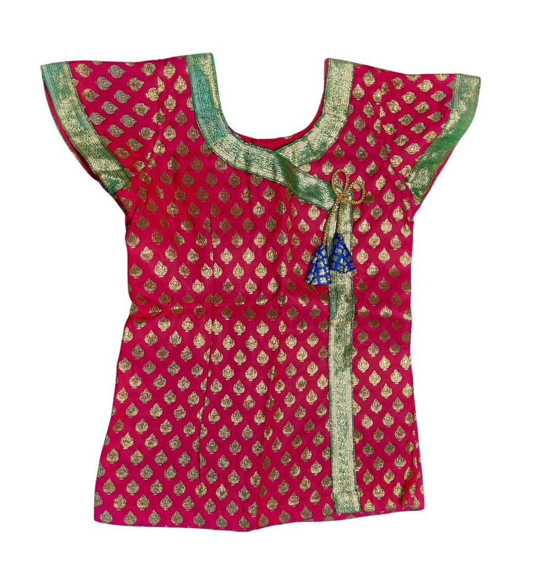 Fuchsia Krishnar Top for Bharatanatyam, art silk with gold brocade, kids dance costume back view.