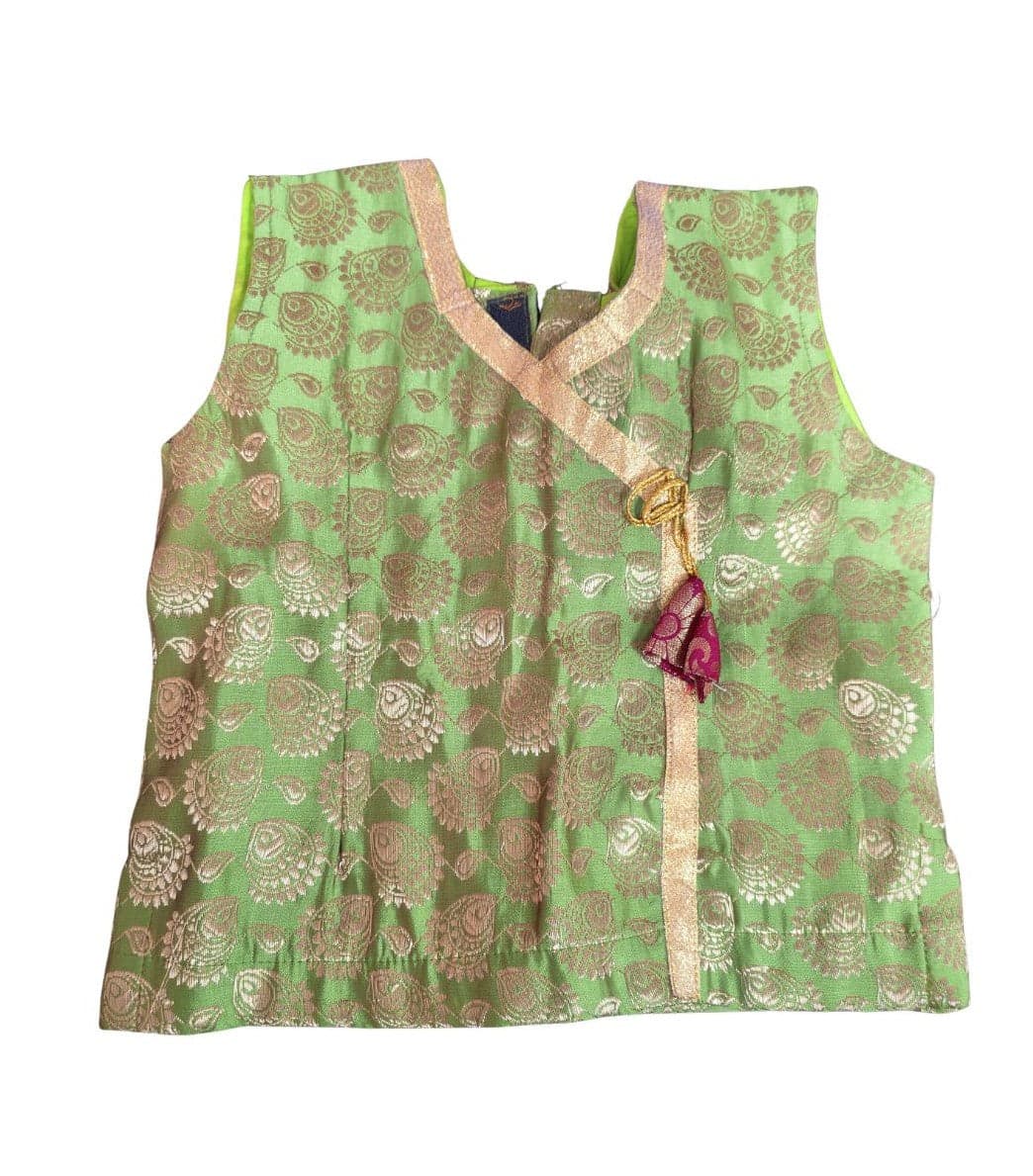 1-Year-Old Krishnar Top, Art Silk Brocade, Pistachio Green, Zari Peacock Motif, Angrakha Style