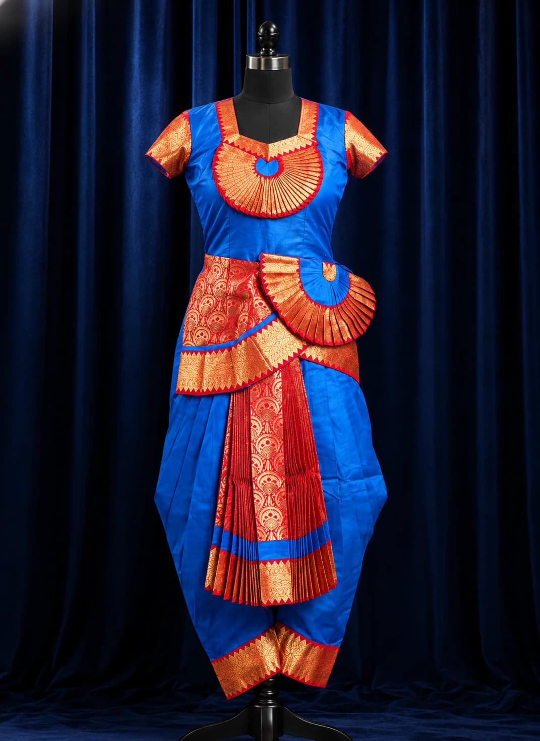 Ramar Blue with Red Readymade Bharathanatyam Costume (SSD D139) on mannequin against blue backdrop.