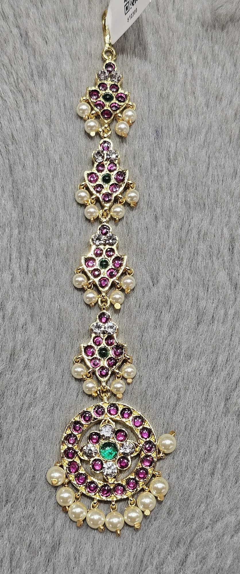 Round Pearl Chutty Tikka (812300) copper jewellery with pink, white, green stones, and dangling pearls.