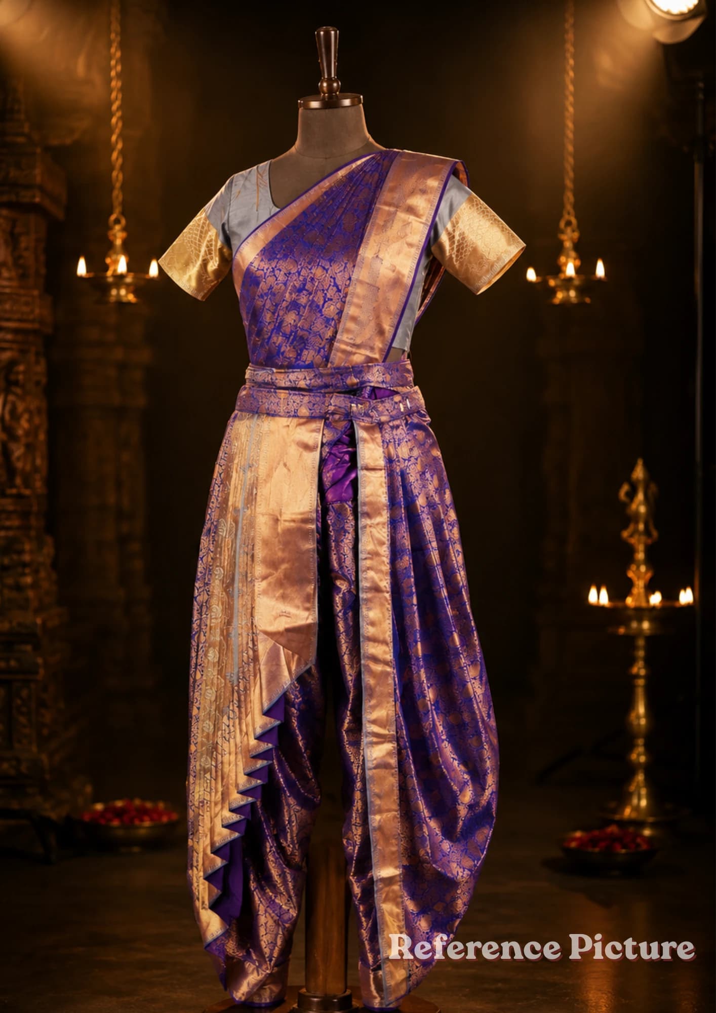 Readymade purple & grey Dhoti-style Bharathanatyam costume on mannequin in traditional setting.