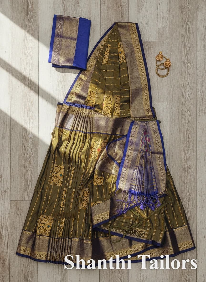 Readymade Poly Cotton practice saree, olive green with blue & gold border for Bharatanatyam, Kuchipudi.