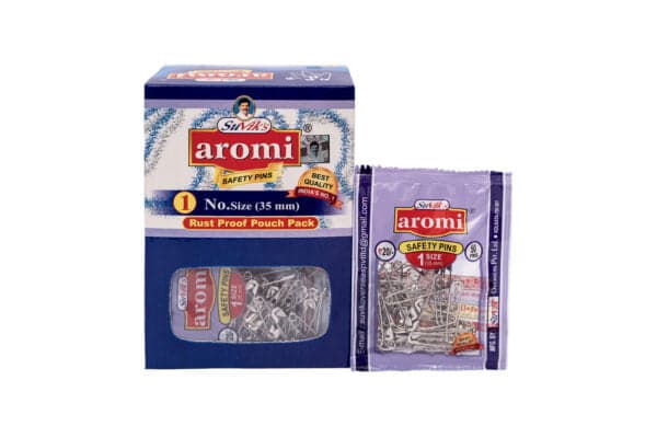 AROMI Size 1 safety pins, multiple pouches, nickel plated mild steel pins