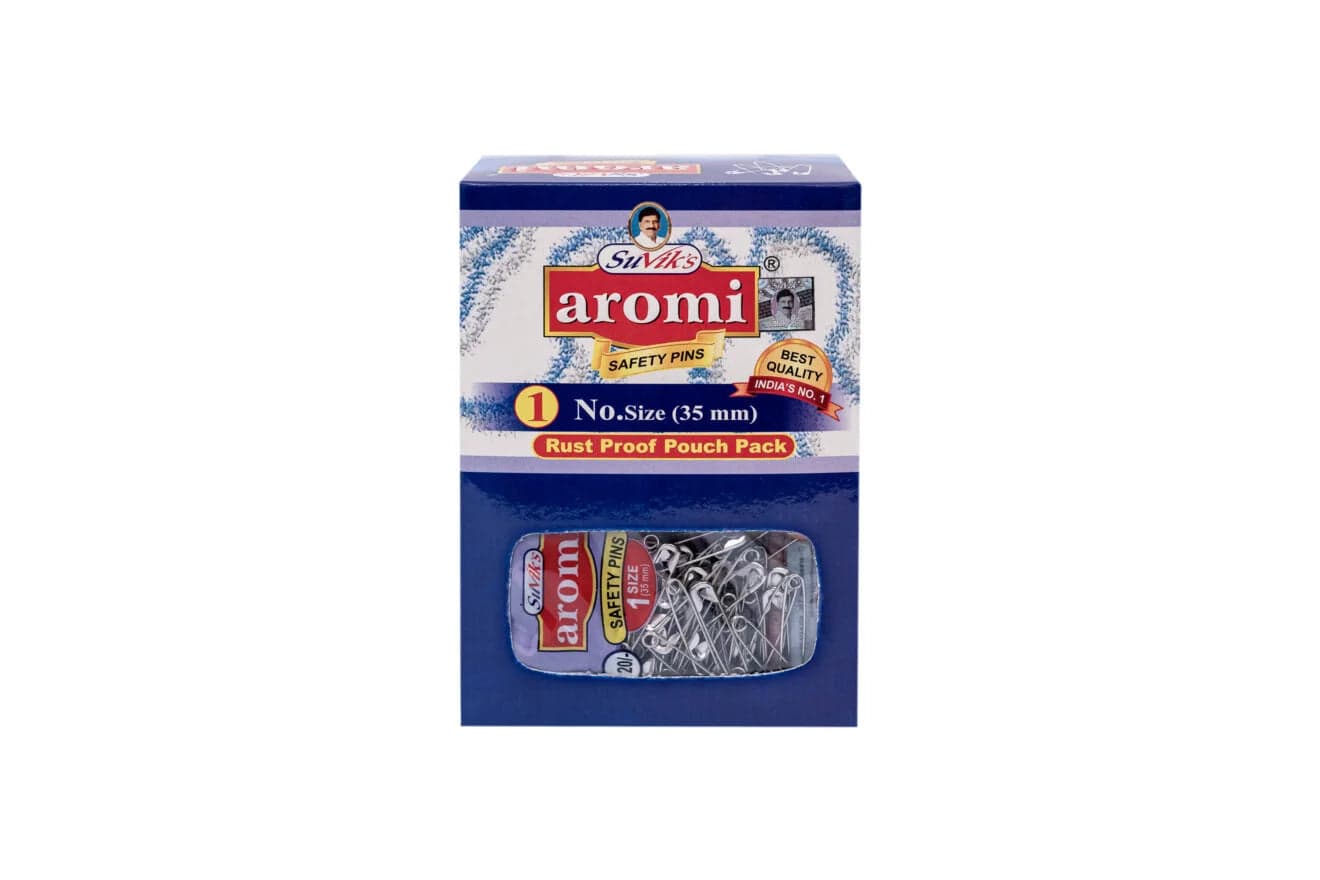 AROMI Size 1 safety pins pouch, close-up, nickel plated mild steel