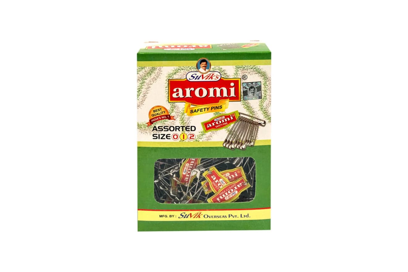 AROMI Safety Pins close-up. Assorted sizes for securing dance practice saree pleats, nickel-plated.
