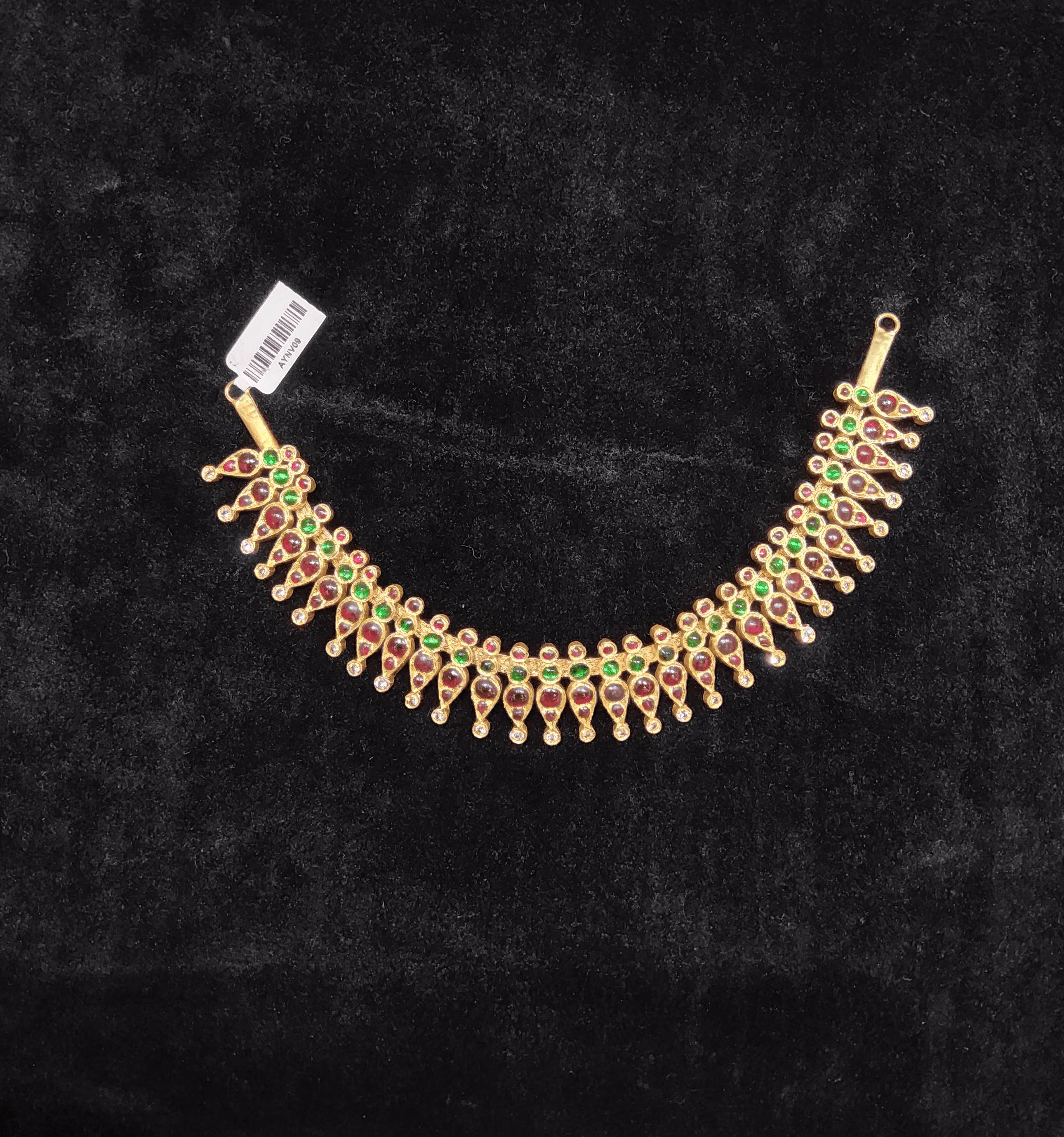 Suruli Pichippu Choker: Temple Jewellery. Bharatnatyam dancer's necklace. Gold leafed silver. Full view.