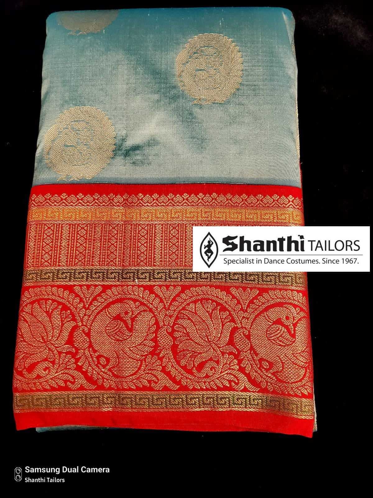 Bharatanatyam practice saree in off-white and gold, temple design. Dharmavaram pattu sarees style.