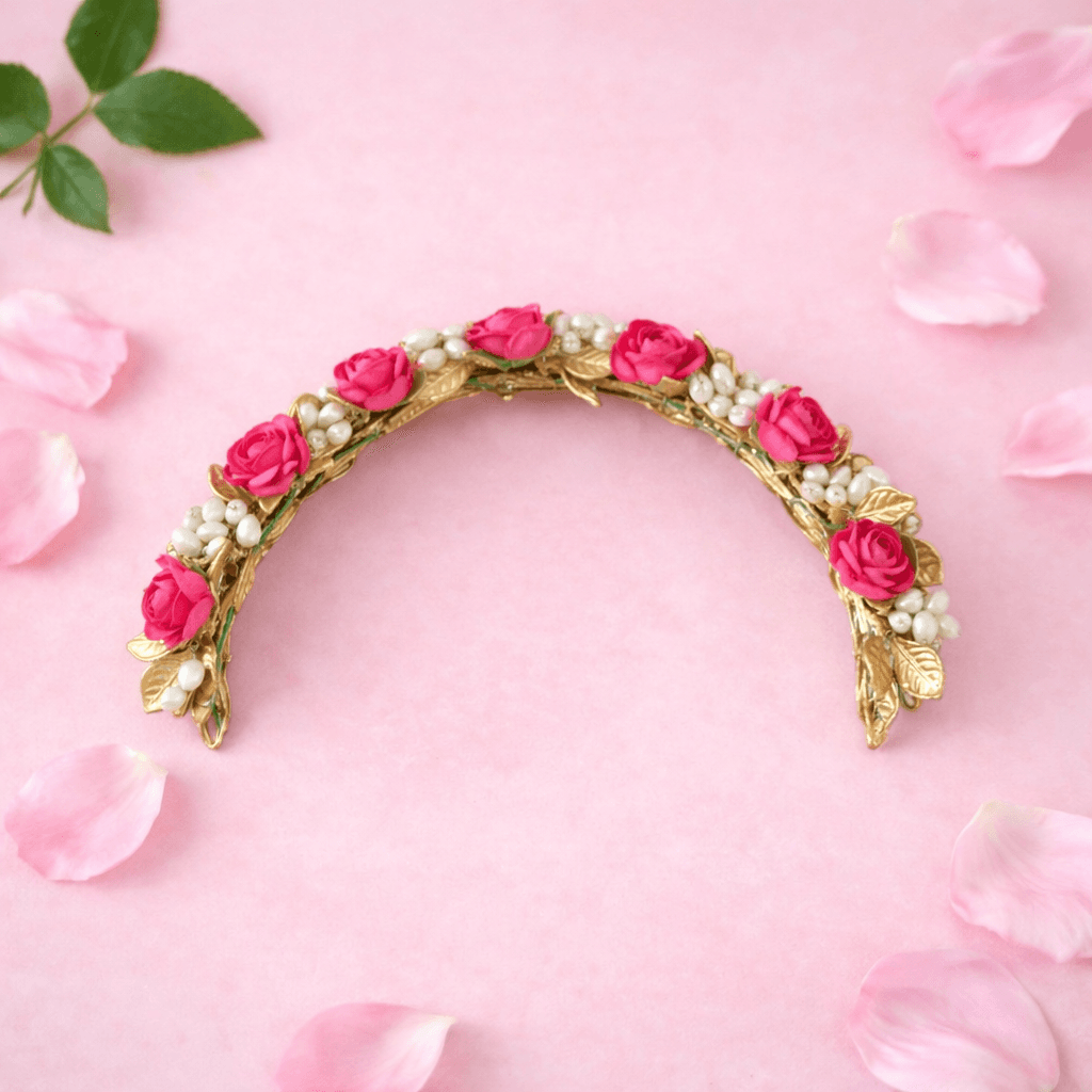 Close-up of pearl Rose Veni, traditional hair accessory for Bharatanatyam costume and Arangetram makeup