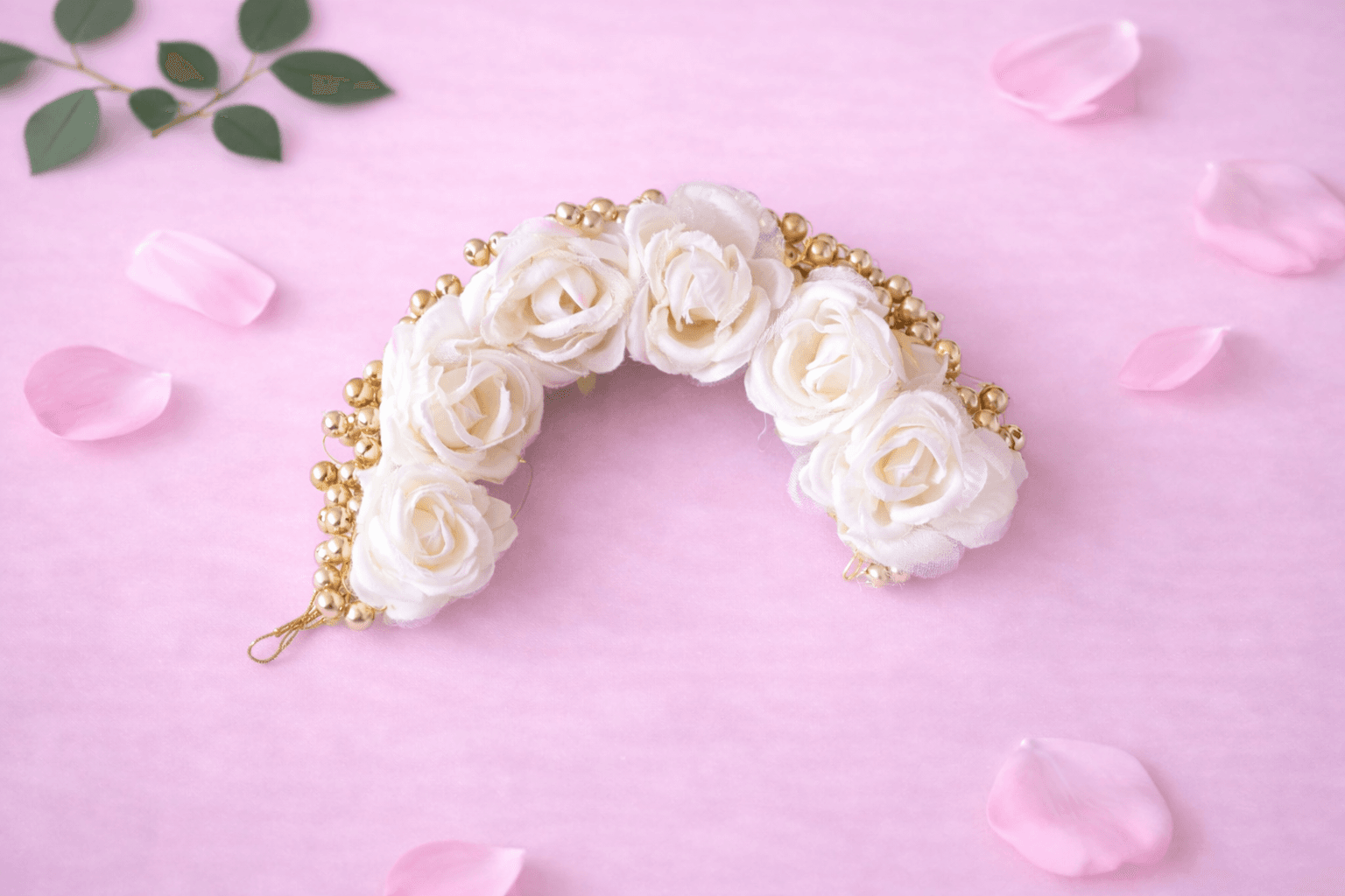 Rose Veni floral hair accessory, pearl and gold wire design, ideal for Bharatanatyam dress styling