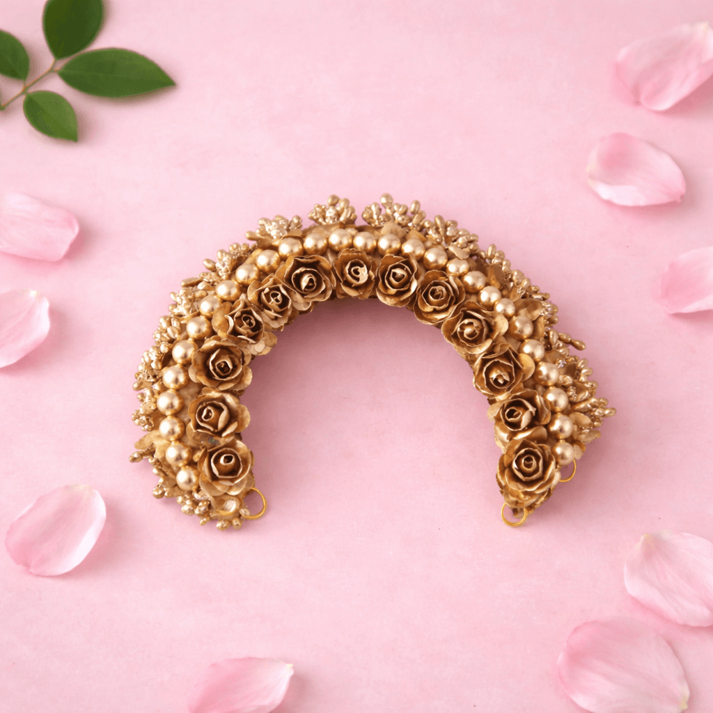 Fuchsia rose pearl veni for Bharatanatyam jewellery. Antique gold leaves detail, wedding hairpiece.