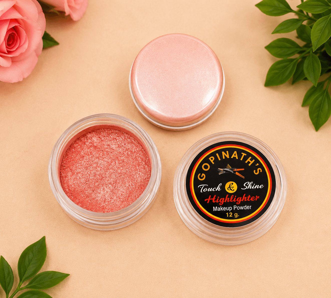 Bharatanatyam makeup essentials: Mifi pancake, Gopinath's highlighter, and red rose bindis.