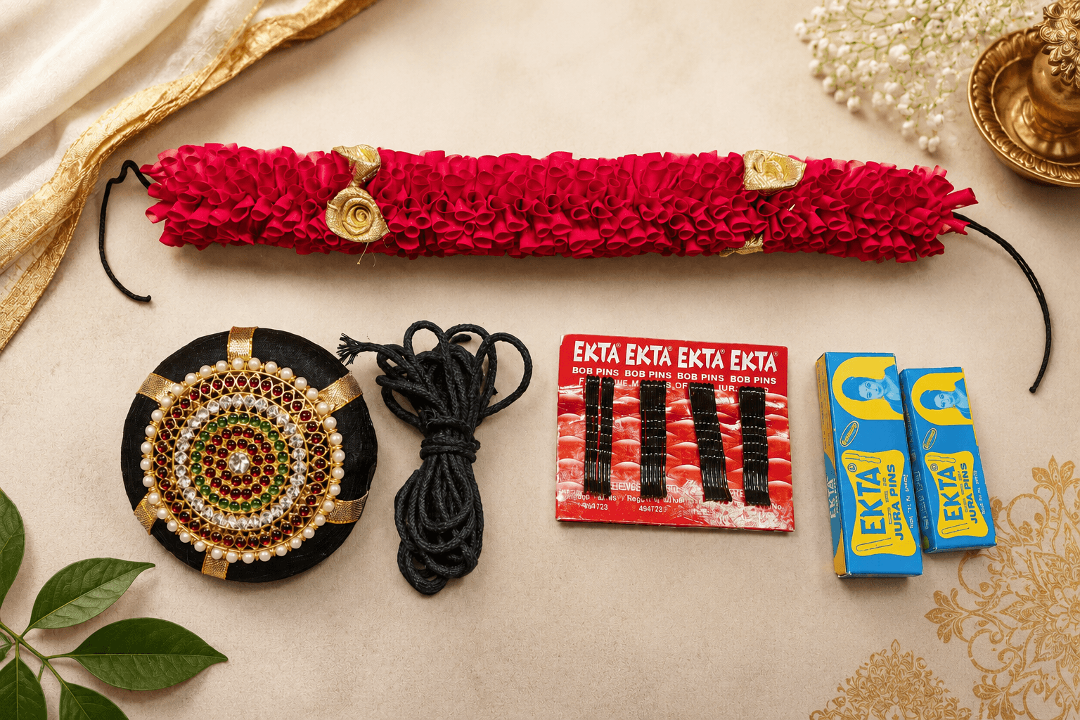Bharatanatyam hair accessories set: Bun & Bloom kit includes gajra, bun cover, hair rope & pins. Perfect for practice saree for bharatanatyam.