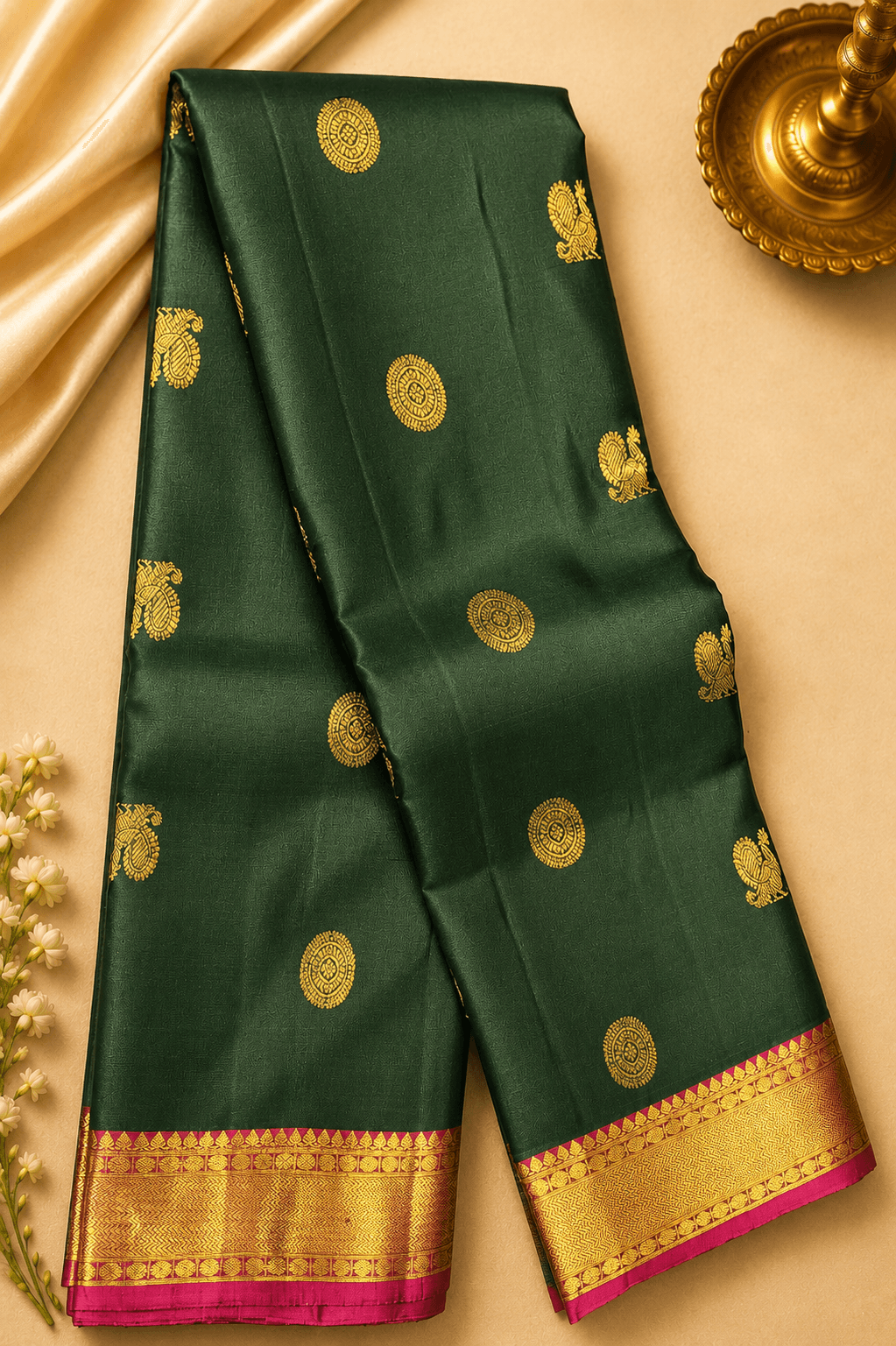 Close-up of gold zari border on dark green authentic silk Kanchipuram saree; suitable for bharatanatyam practice.