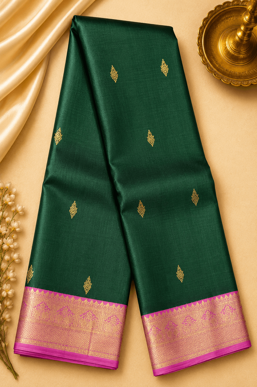 Dharmavaram pattu sarees inspired Green Lavender Kanchipuram silk saree, full view, authentic silk.