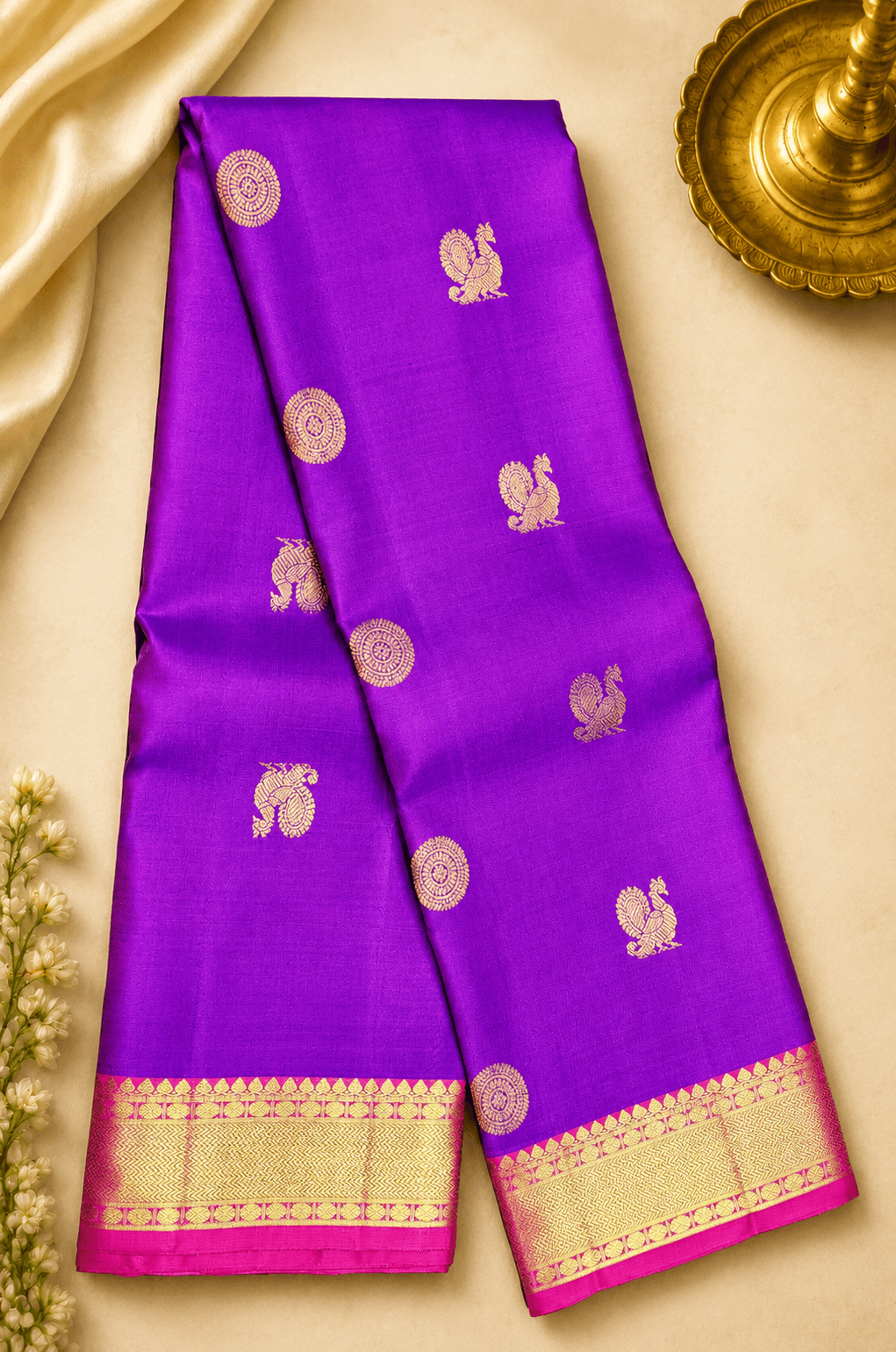 Full view Purple & Pink Kanchipuram authentic silk saree. Ideal arangetram dance costume, gold zari.