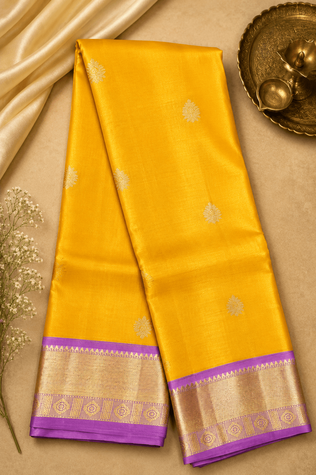 Lavender & Mustard gold authentic silk saree close-up, ideal dance practice saree