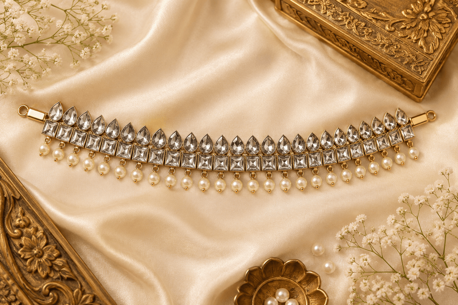Square Kovi choker, silver base gold leaf, clear crystals. Bharatanatyam temple jewellery, Shanthi Tailors design.