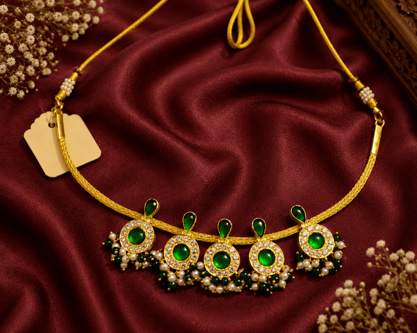 Temple Imitation Kemp Necklace – Green & Ruby Oval Design | Original Temple Jewellery