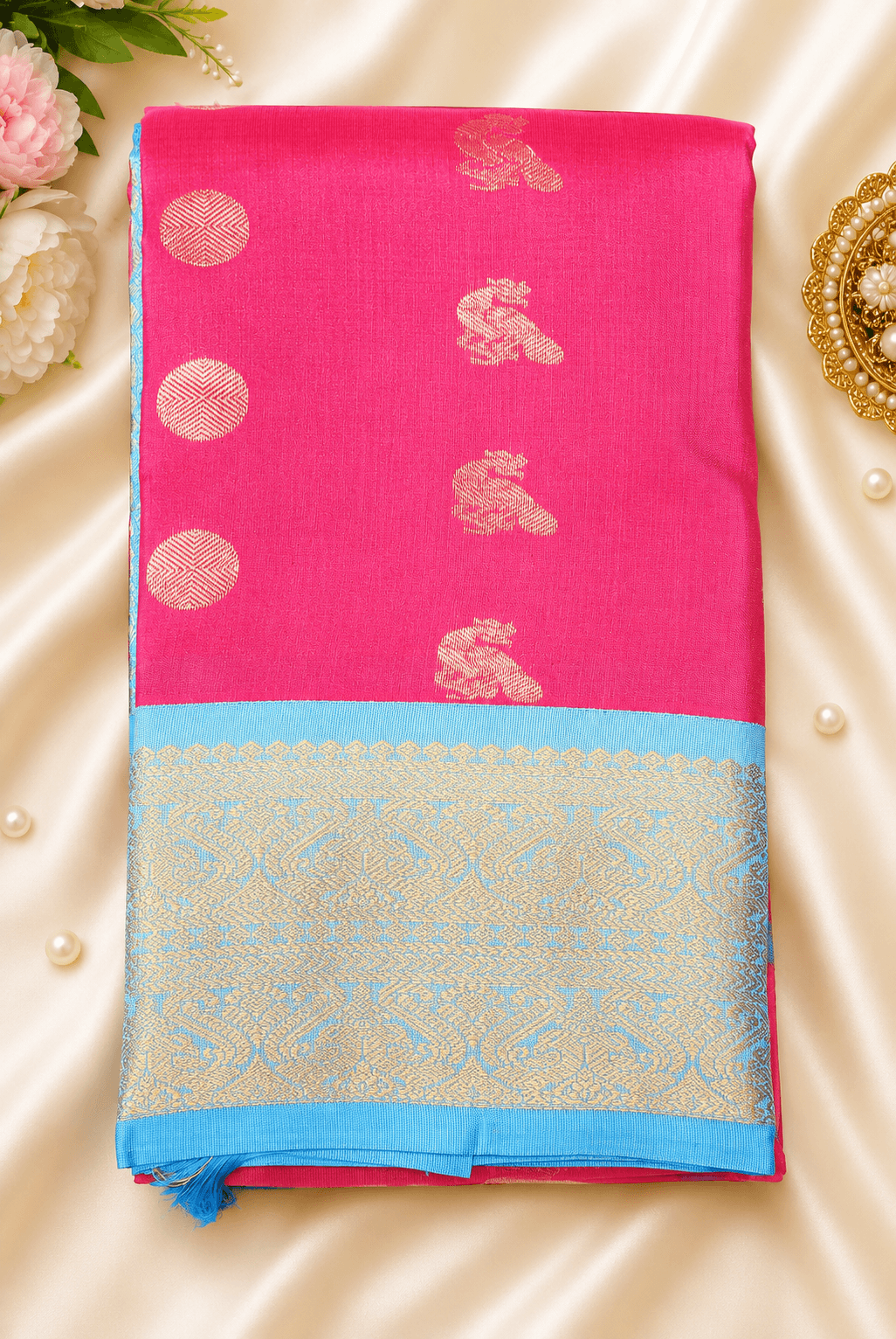 Pink with SkyBlue | Semisilk Saree |  SV909