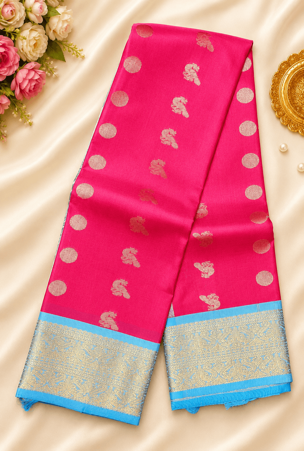 Pink with SkyBlue | Semisilk Saree |  SV909 - Image 2