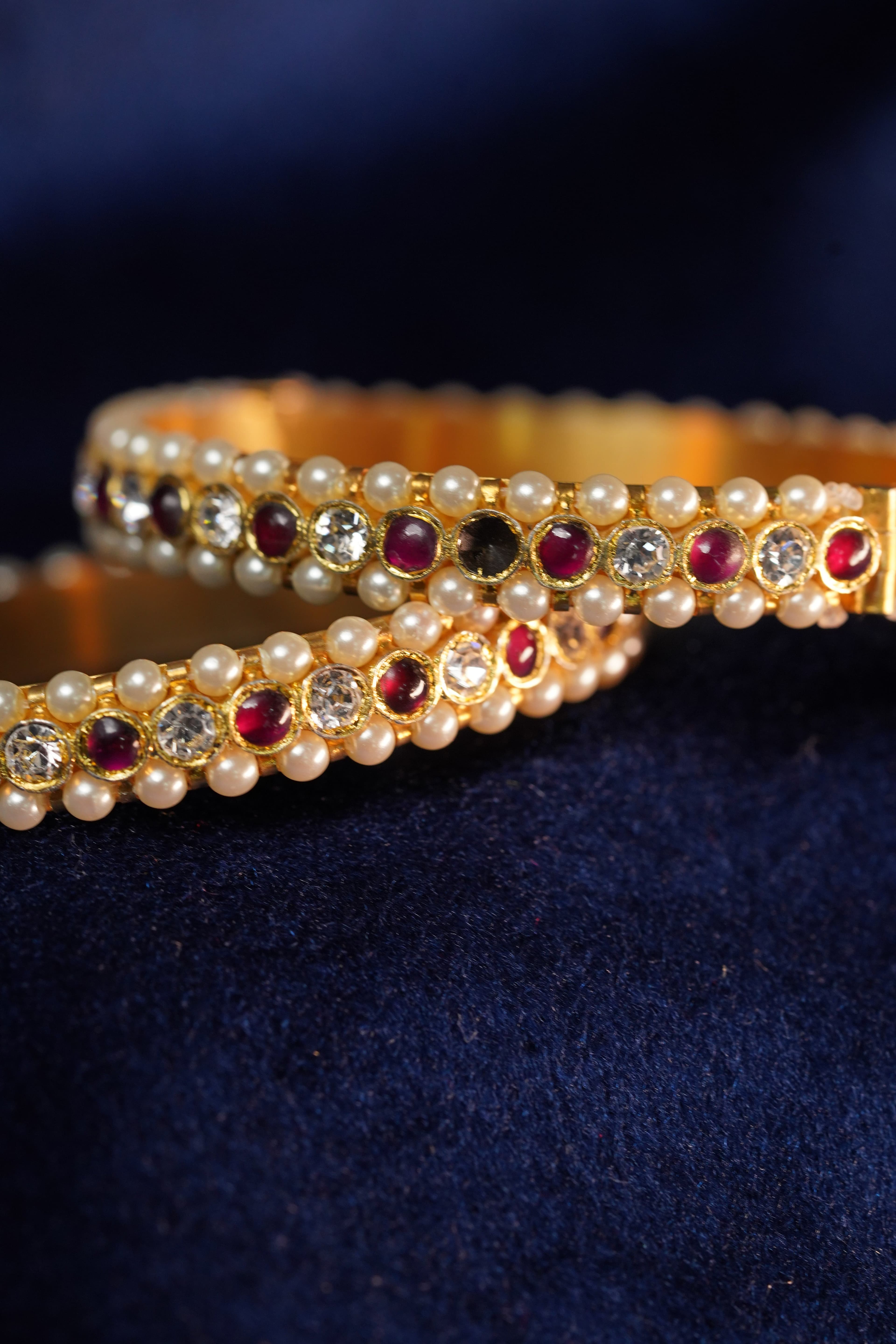 Pearls Bangle, open screw, showing pearl details. Women's bangle bracelet.