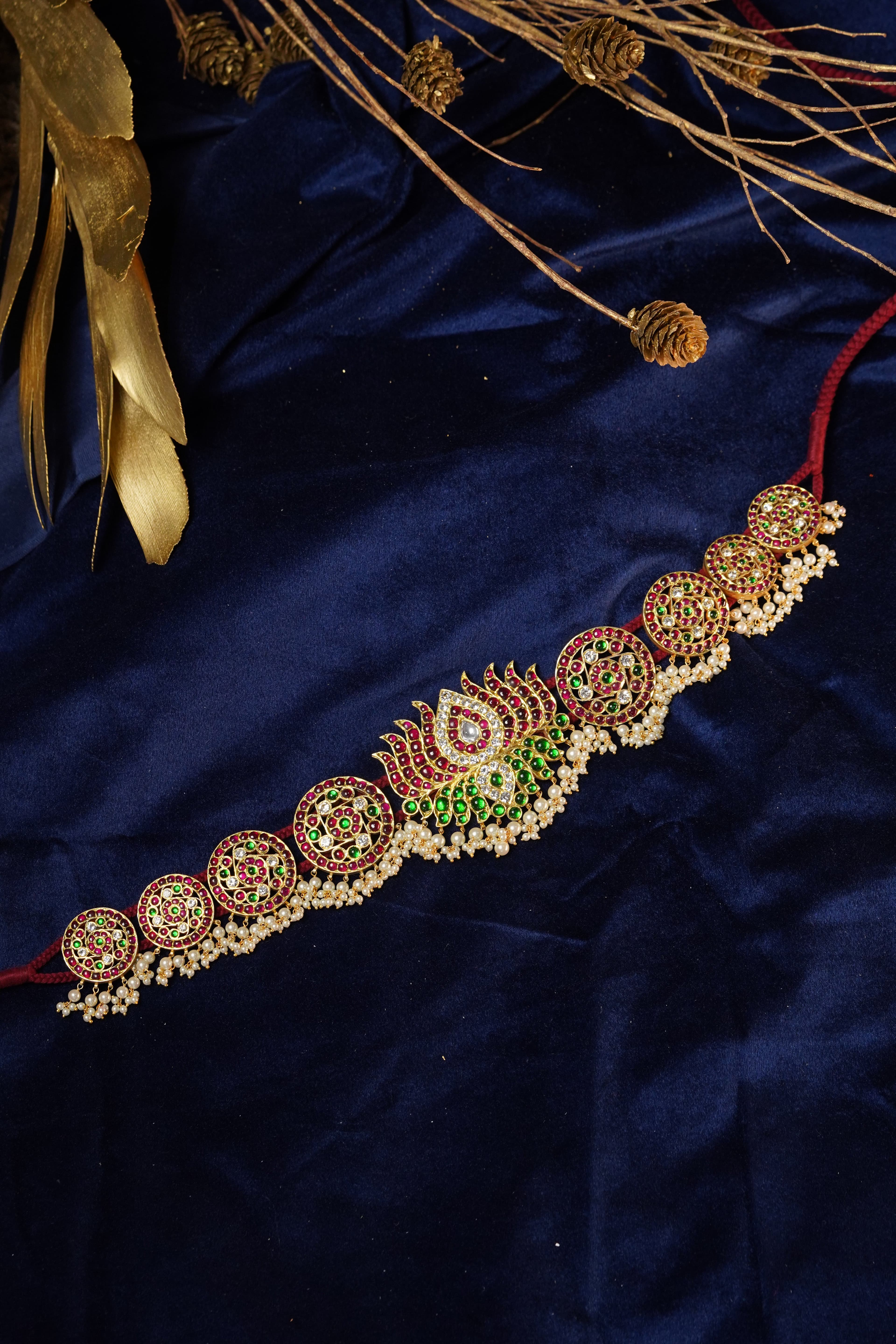 Close-up: Lotus Hip Belt, hand-crafted temple jewellery for Indian dance. 24k gold plated silver.