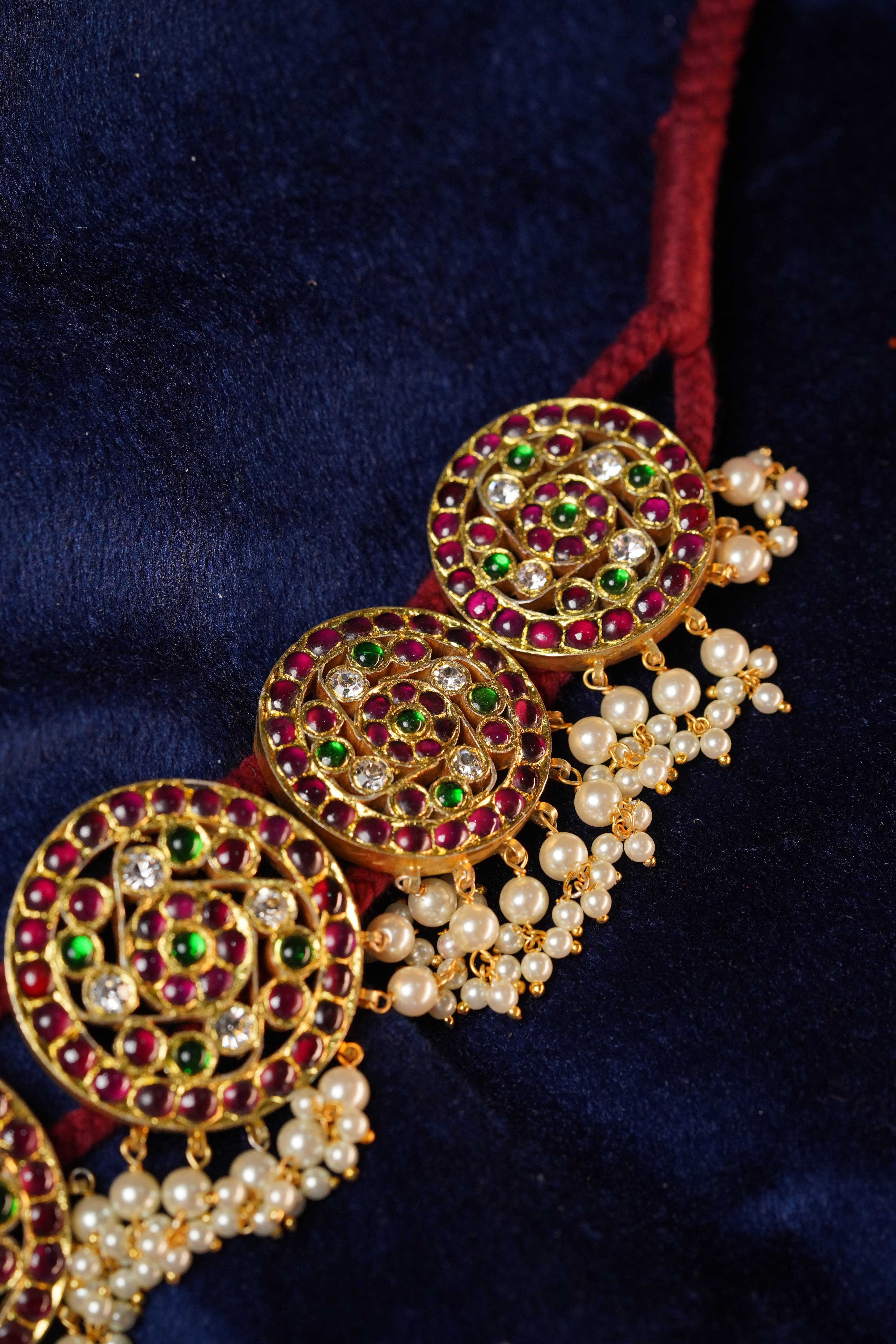 Lotus Hip Belt for Indian dance: Gold-plated silver temple jewellery on display, side angle.