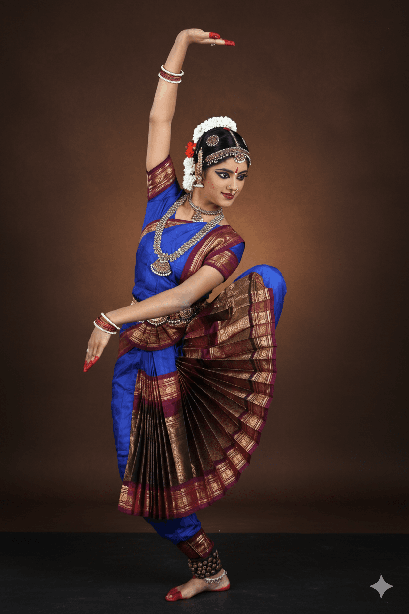 Authentic silk Sun Fleets bharatanatyam costume; long fan style bharatanatyam dress.