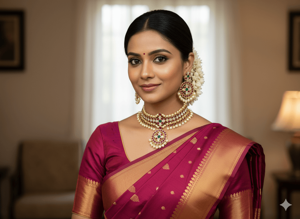 V Choker Copper Margam: Dancer wearing copper choker. Margam jewelry for Bharatanatyam performance.