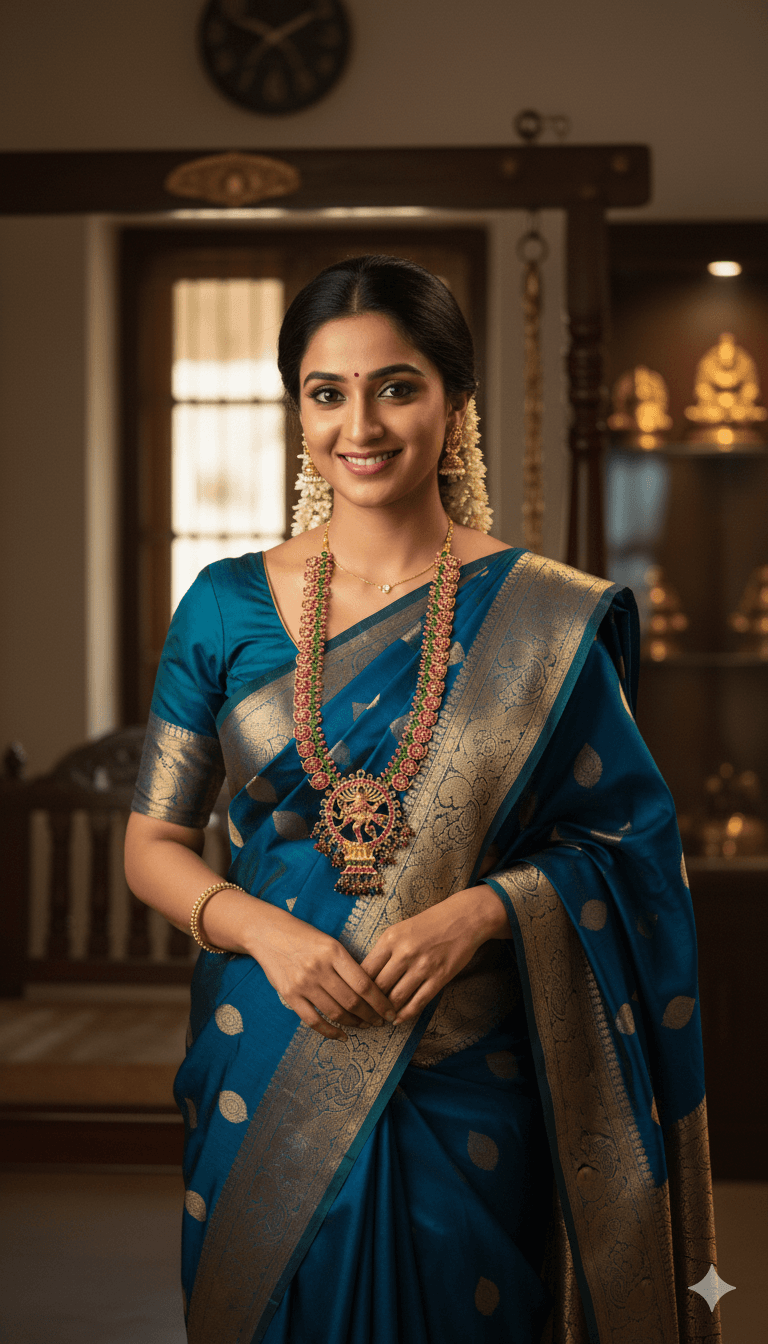 Mango Haram with Natarajar worn with Bharatanatyam costume. Ruby and gold temple jewellery necklace.