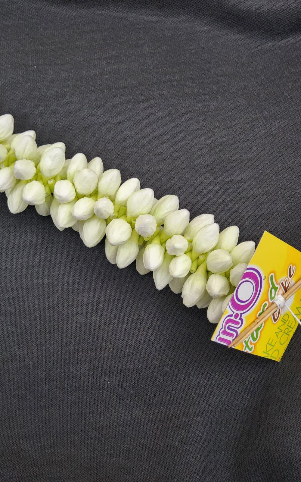 Green Jasmine Flower Hair Accessory for Bharatnatyam dress, full view of long strand.