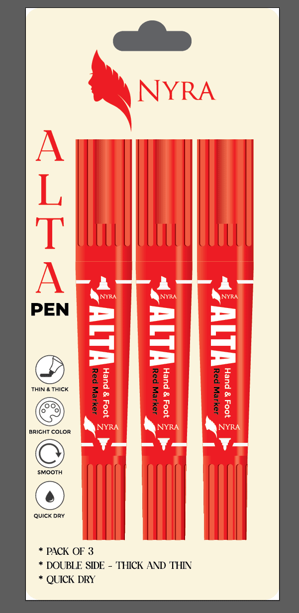 Shanthi Tailors' Nyra Alta Pen Red shown next to a traditional Alta container, highlighting mess-free design.