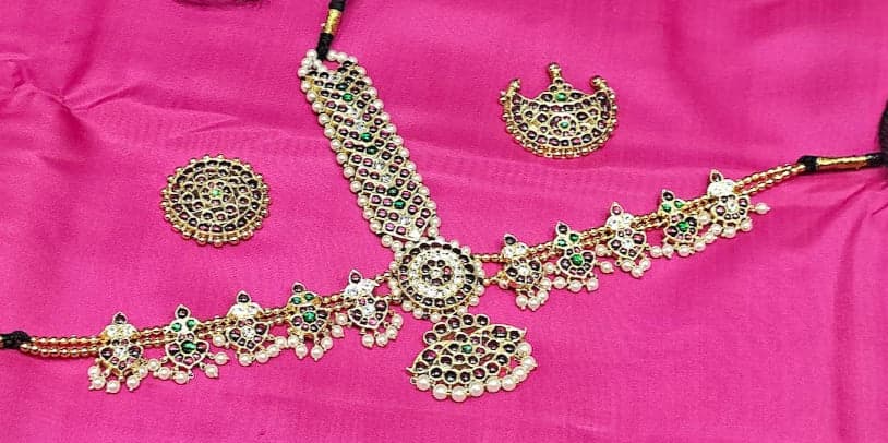 Magudam Headset, Original Temple Jewellery. Full view including Surya Chandra sidepieces, gold beaded crown.
